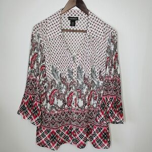 Lane Bryant Womens Button Up Top 18/20 Paisley Plaid Pleated Boho Artsy Office